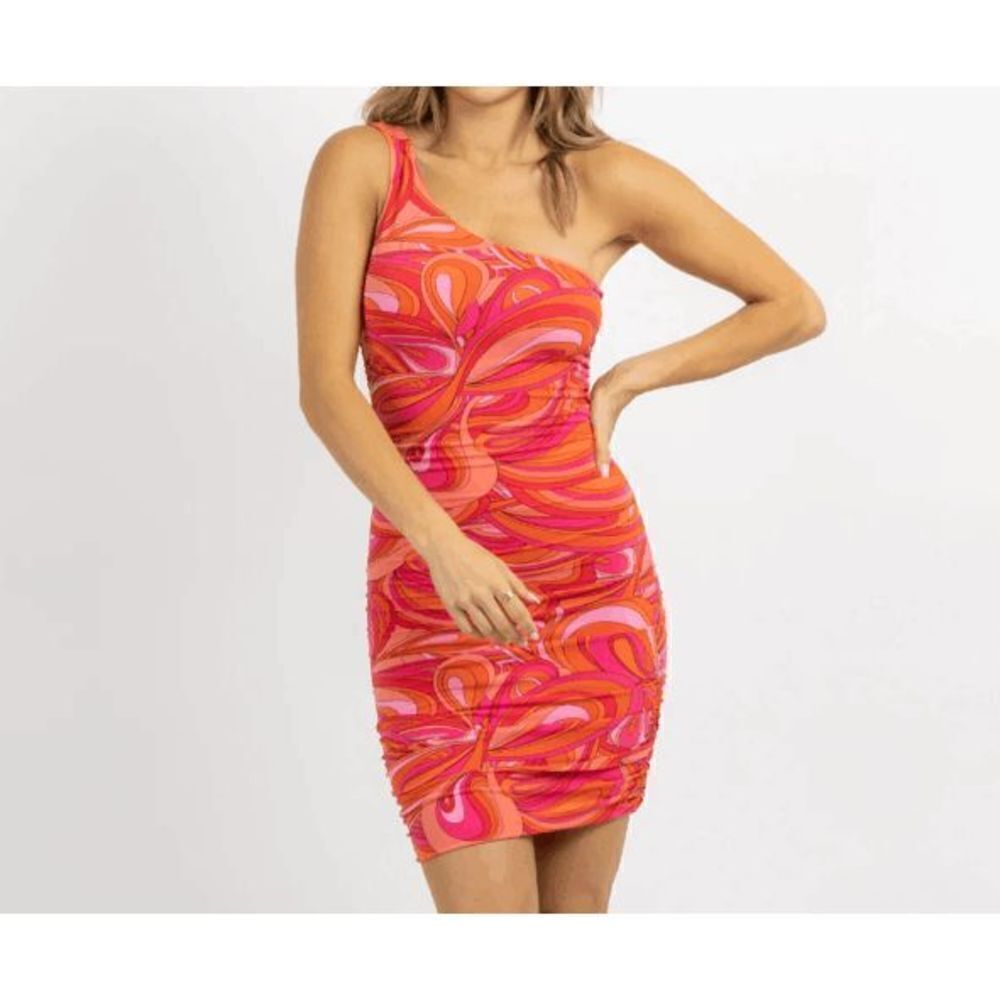 Olivaceous Retro Print One Shoulder Mini Dress size Large